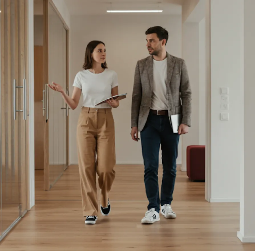A woman and a man walking and talking in a modern office hallway, each holding a notebook.
