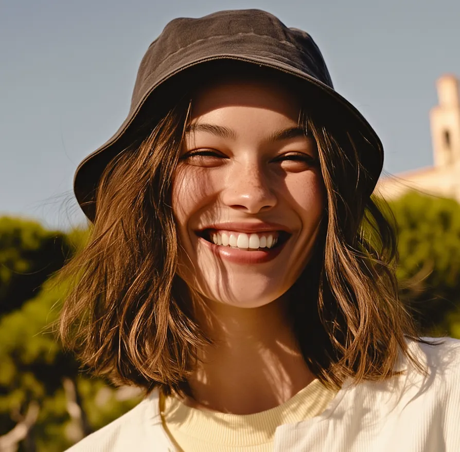 Smiling young woman wearing a dark bucket hat outdoors with trees and a clear sky in the background.