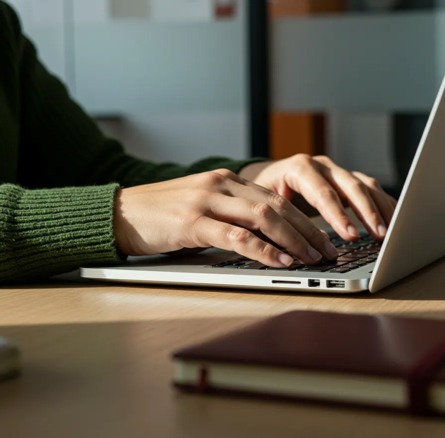 Person typing on a laptop keyboard wearing a green sweater, with a closed notebook on the wooden table.