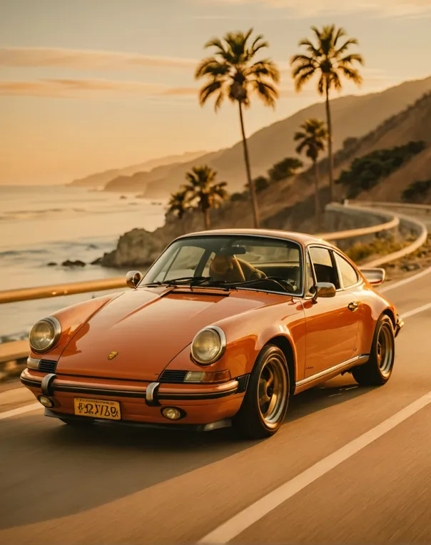 Orange classic Porsche driving on a coastal road with palm trees and hills in the background at sunset.