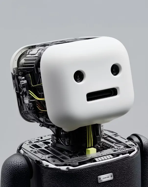 Close-up of a robot with a white, rounded square head featuring two circular eyes and a horizontal rectangular mouth, exposing complex internal wiring and mechanical components.