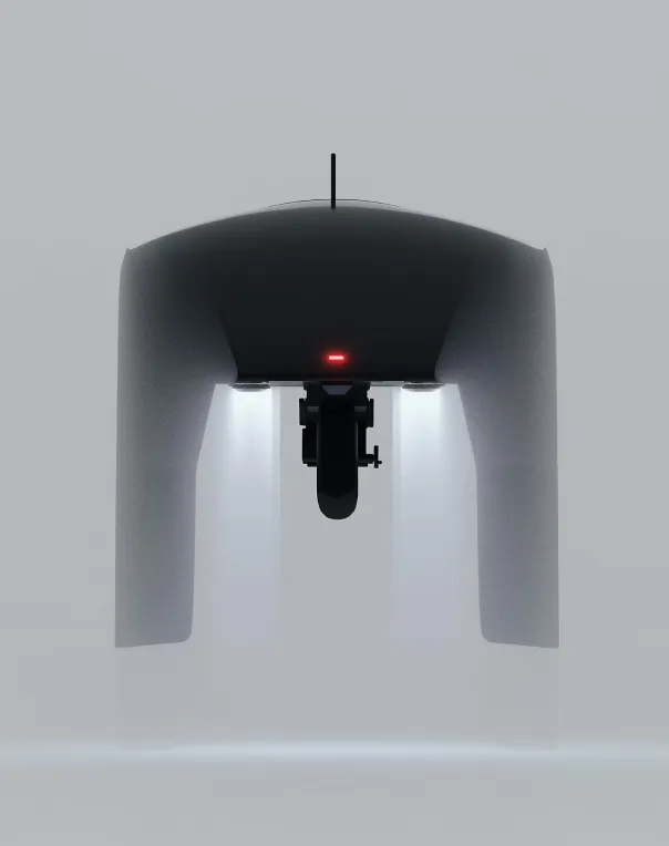 Front view of a futuristic drone hovering with two bright lights shining downward in a foggy environment.