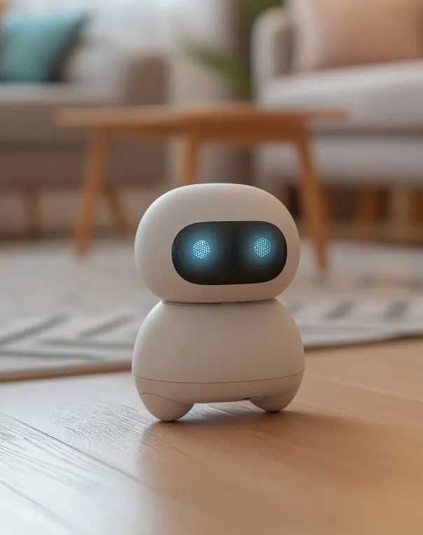 Small white robot with glowing blue eyes standing on a wooden floor in a cozy living room.