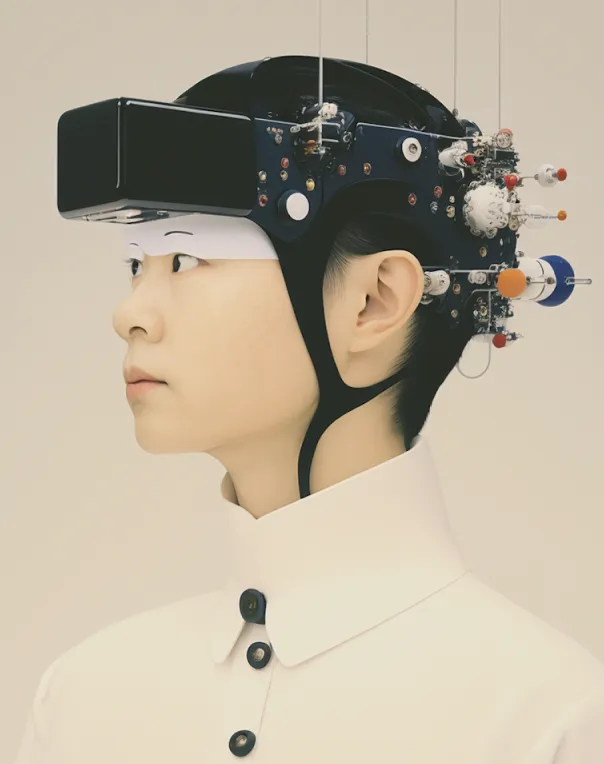 Profile of a person wearing a futuristic black headgear with mechanical and electronic components, dressed in a white collared garment.