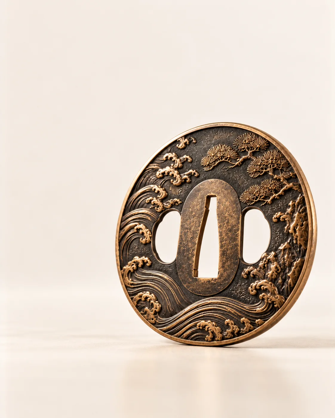 Tsuba japonesa em bronze gravado