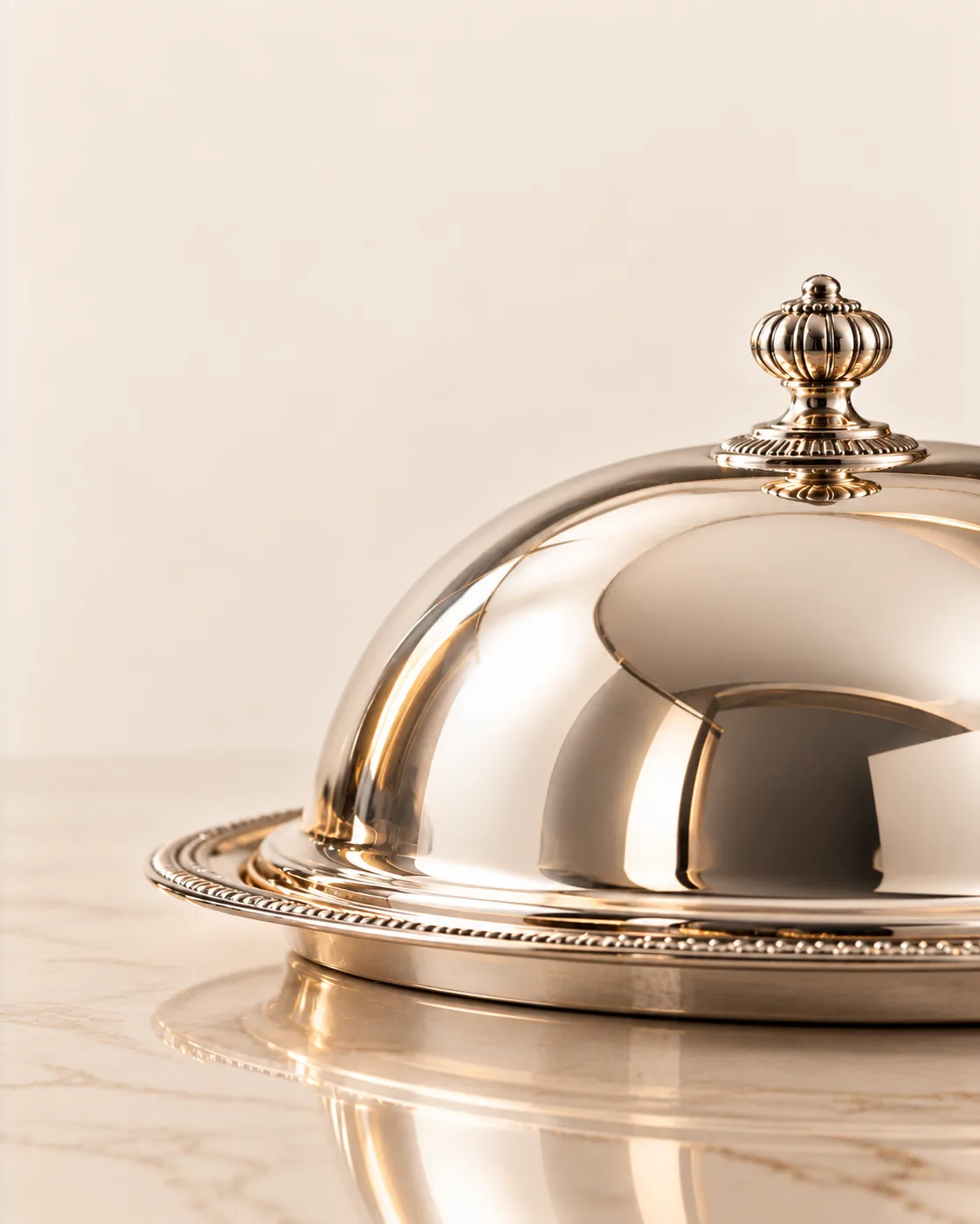 Cloche de prata sobre mármore claro