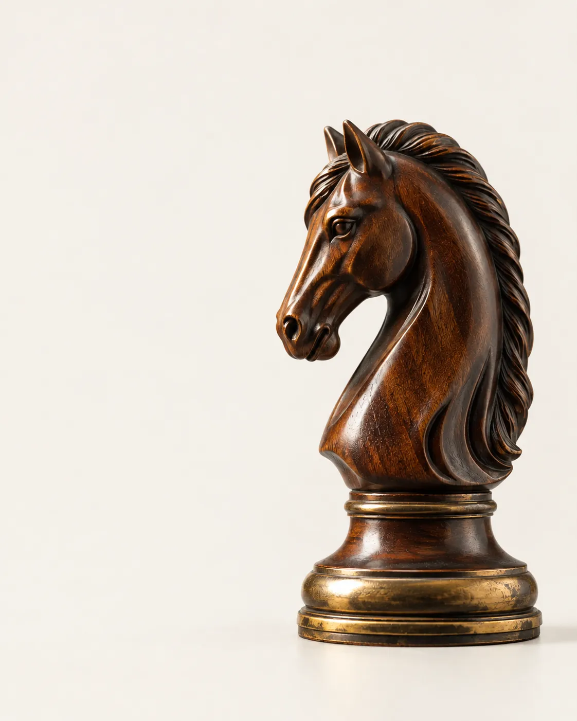 Cavalo de xadrez em madeira escura com base de latão sobre fundo claro, canal Growth Estratégico