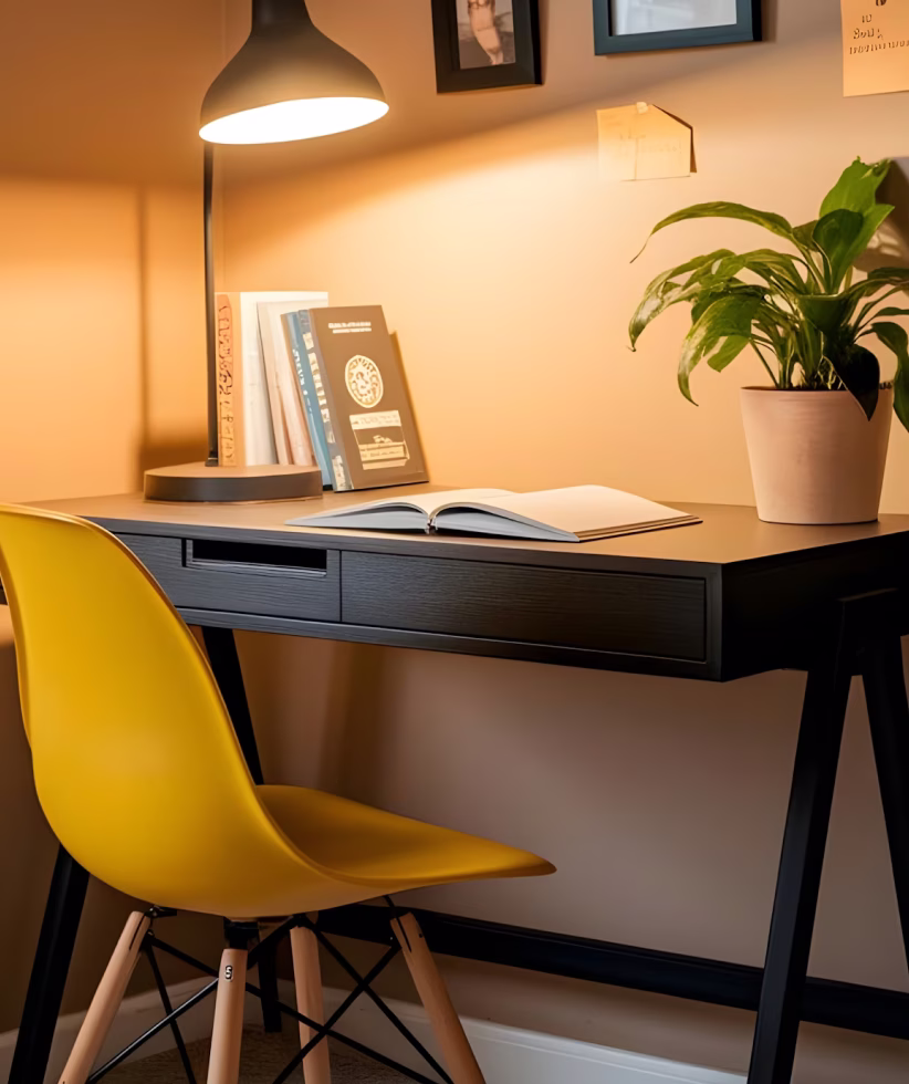 Modern workspace with a black desk, yellow chair, desk lamp, books, and a potted green plant.