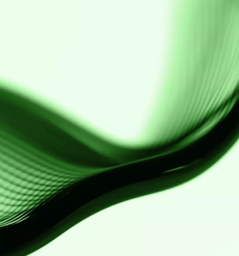 Abstract green and black wavy shapes with a mesh-like pattern on a light background.